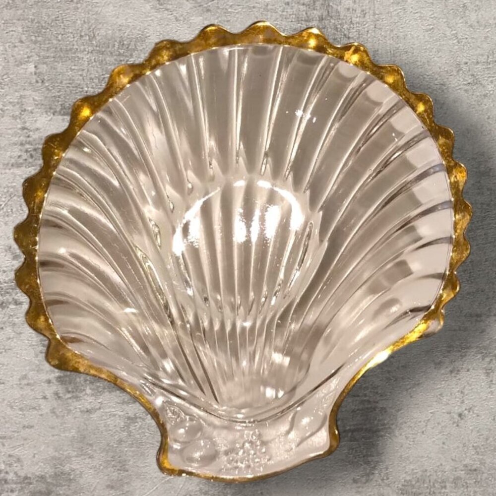 Vintage Seashell MCM Crystal Glass Trinket Dish 18k Gold Rim with Fruits Grapes